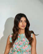Aqua Floral Sleeveless Tie-Up Top