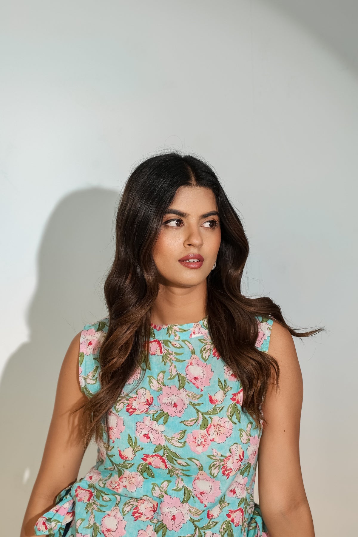Aqua Floral Sleeveless Tie-Up Top