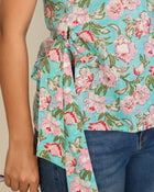 Aqua Floral Sleeveless Tie-Up Top