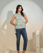 Aqua Floral Sleeveless Tie-Up Top