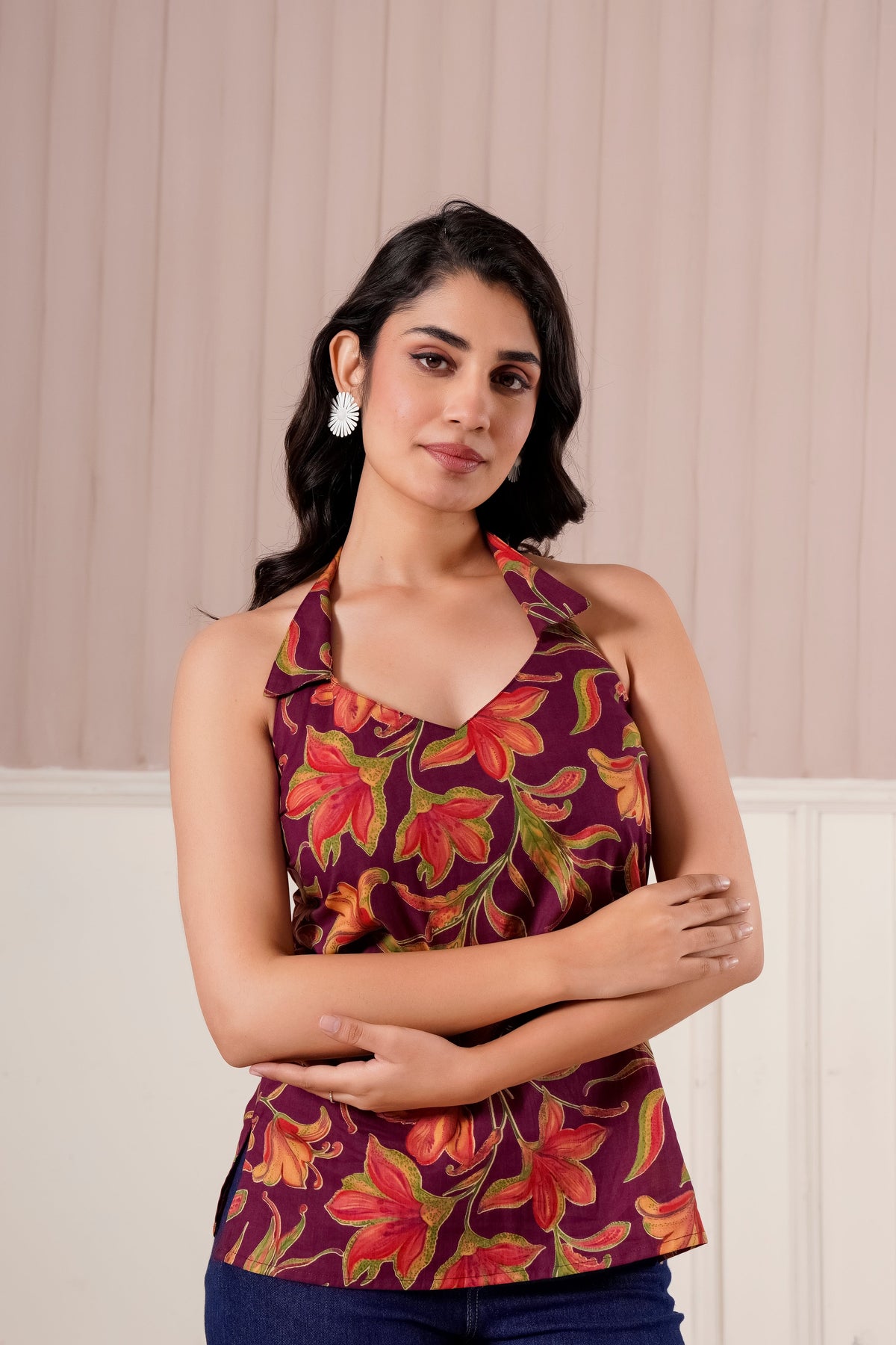 Maroon Floral Halter Neck Top