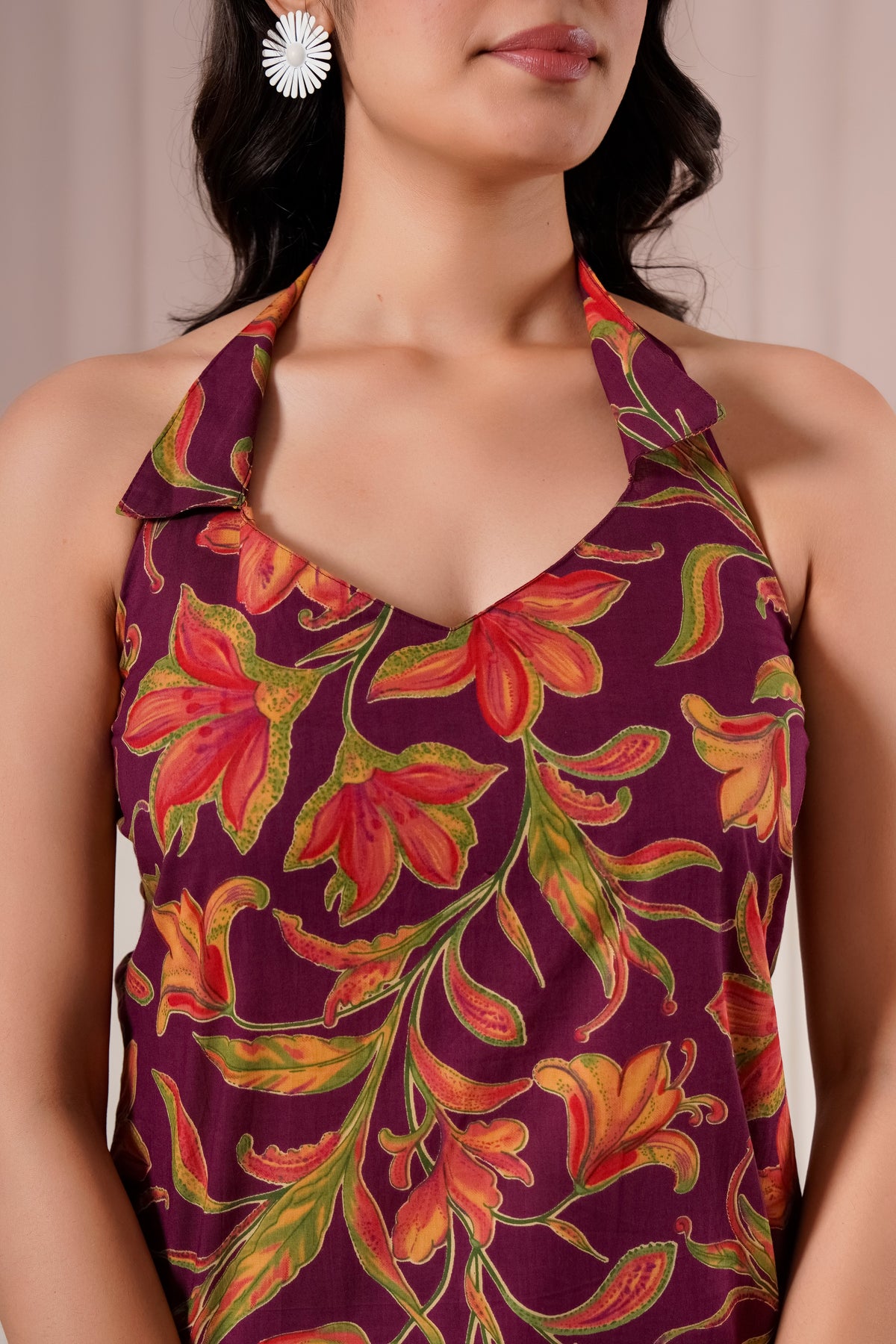 Maroon Floral Halter Neck Top