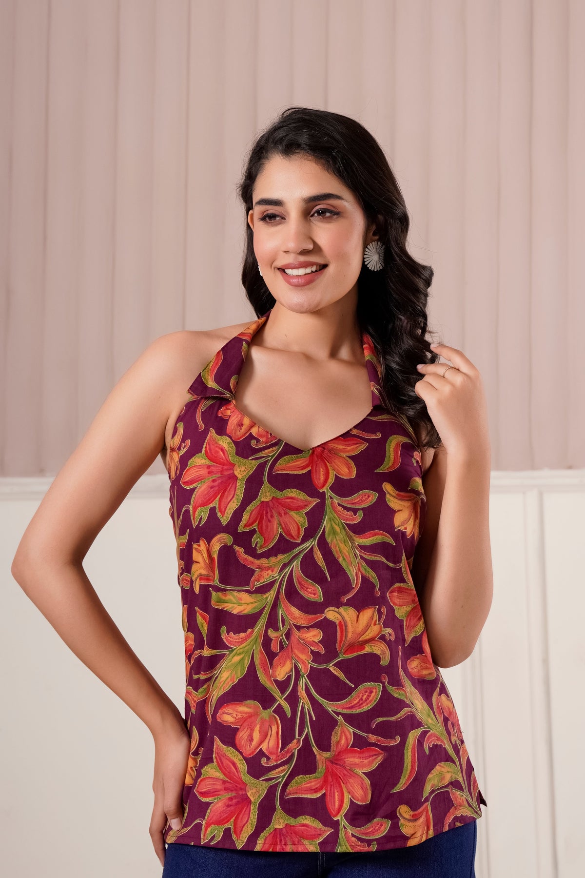 Maroon Floral Halter Neck Top