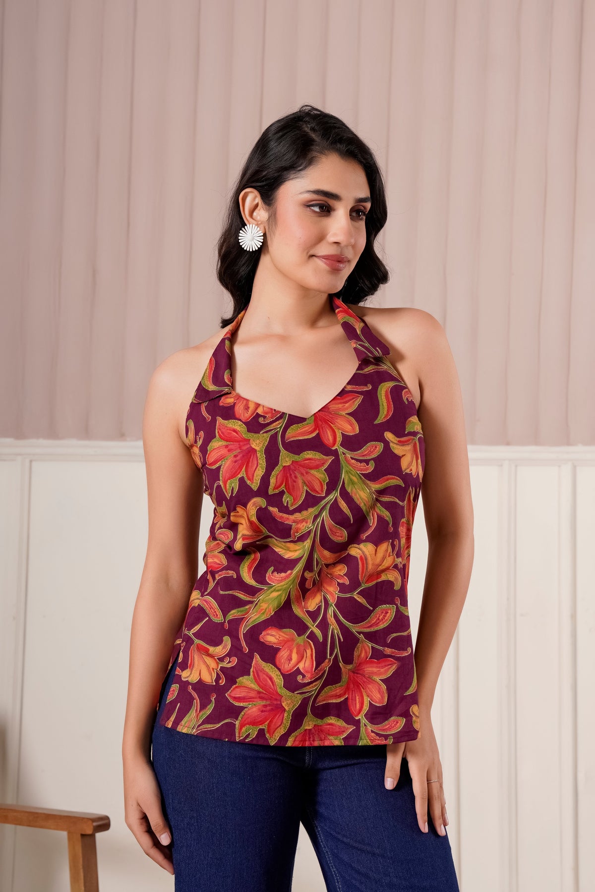 Maroon Floral Halter Neck Top