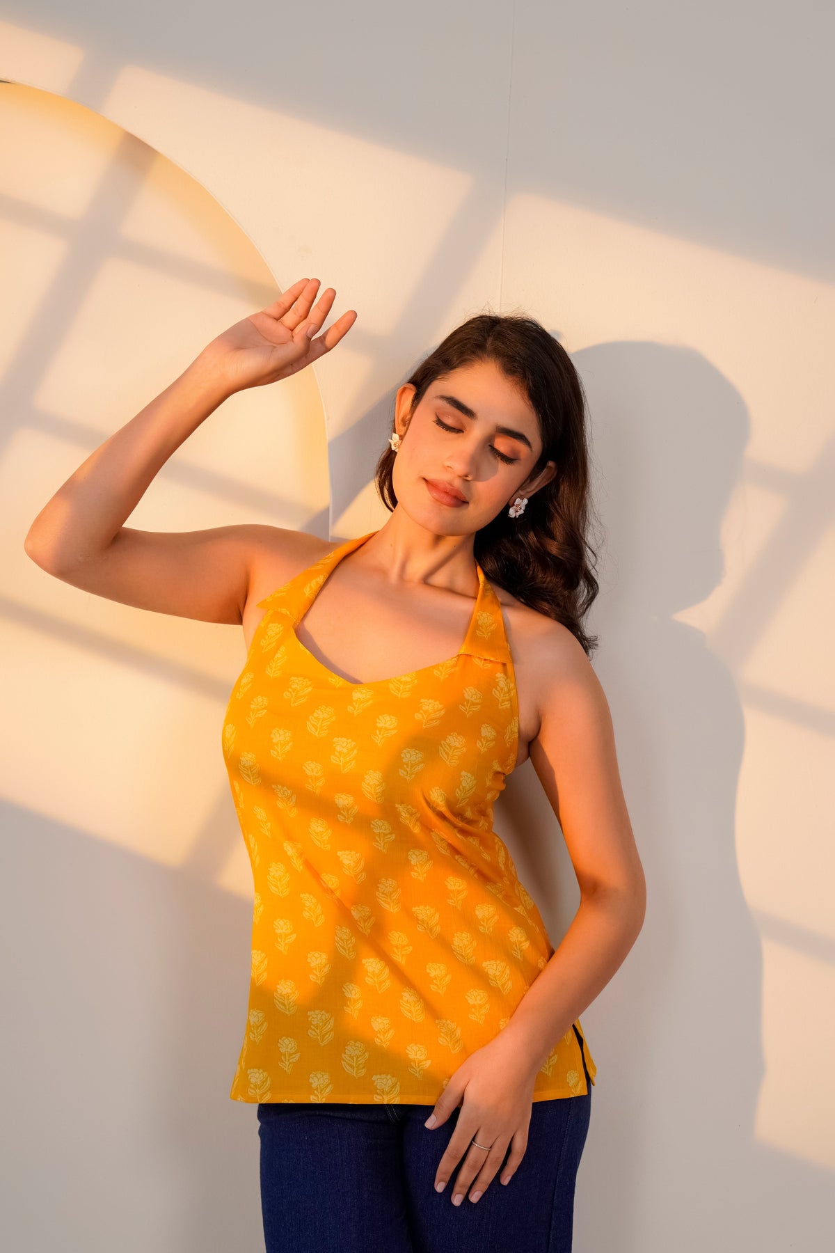 Mustard Printed Halter Neck Top