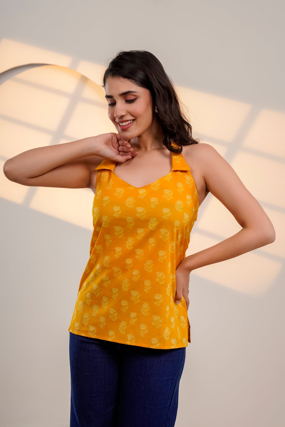 Mustard Printed Halter Neck Top