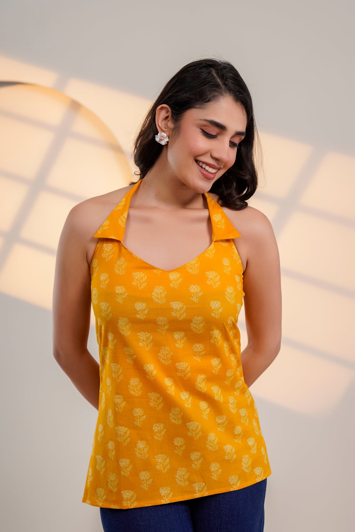 Mustard Printed Halter Neck Top