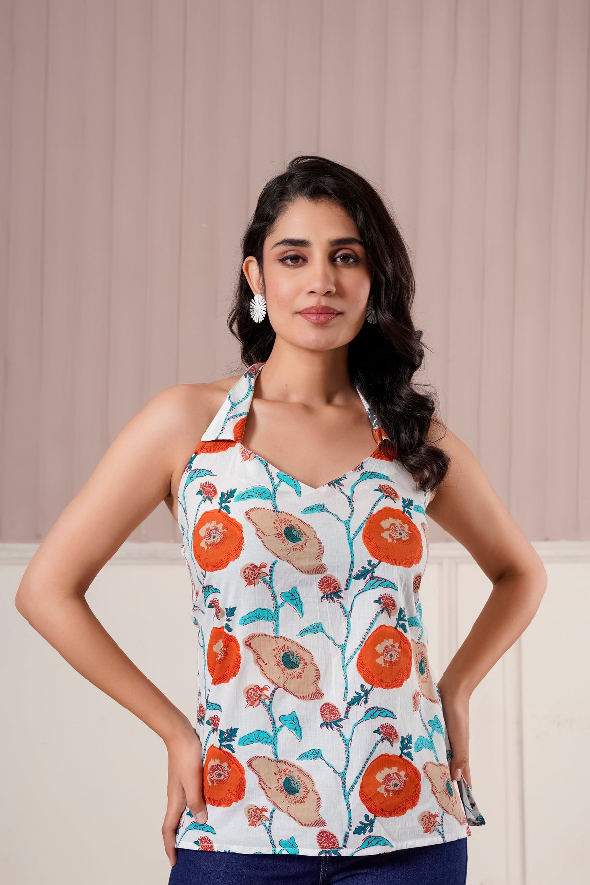White Floral Halter Neck Top