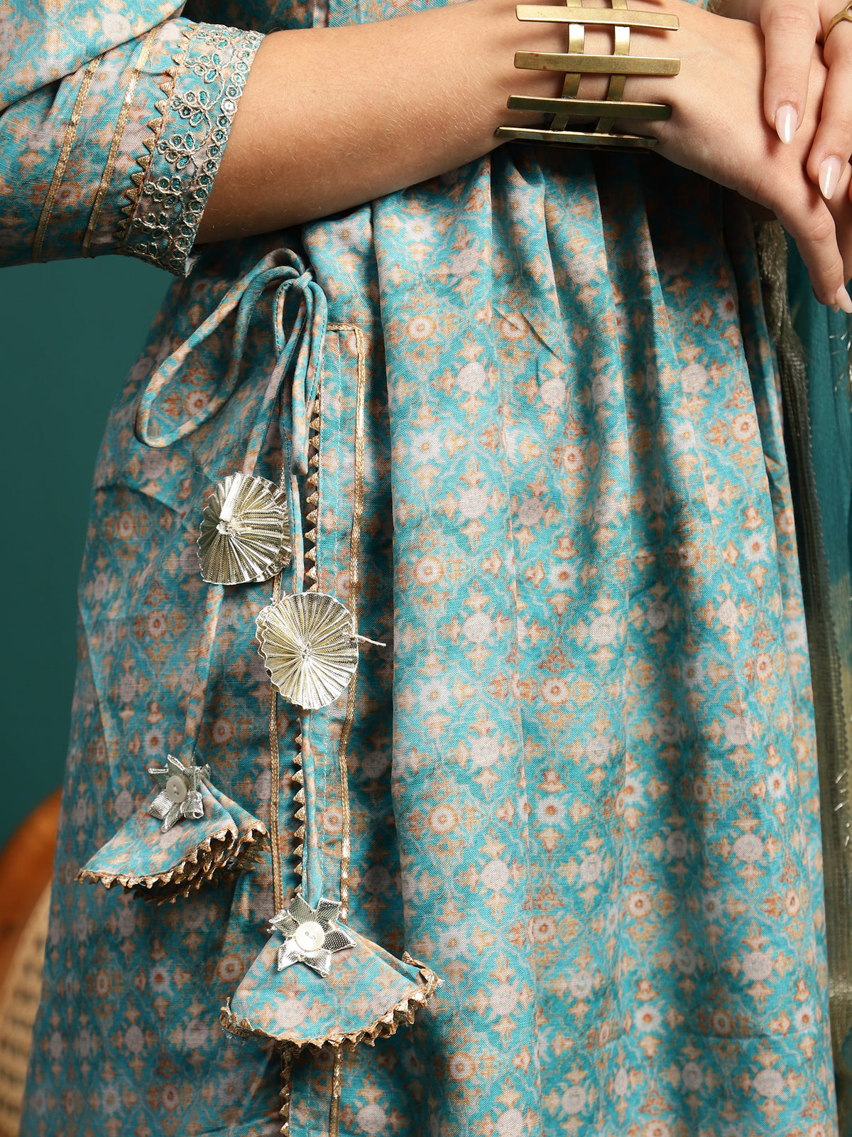 Gleam Garden Floral Printed Pleated Mirror Work A-Line Kurta With Trouser & Dupatta