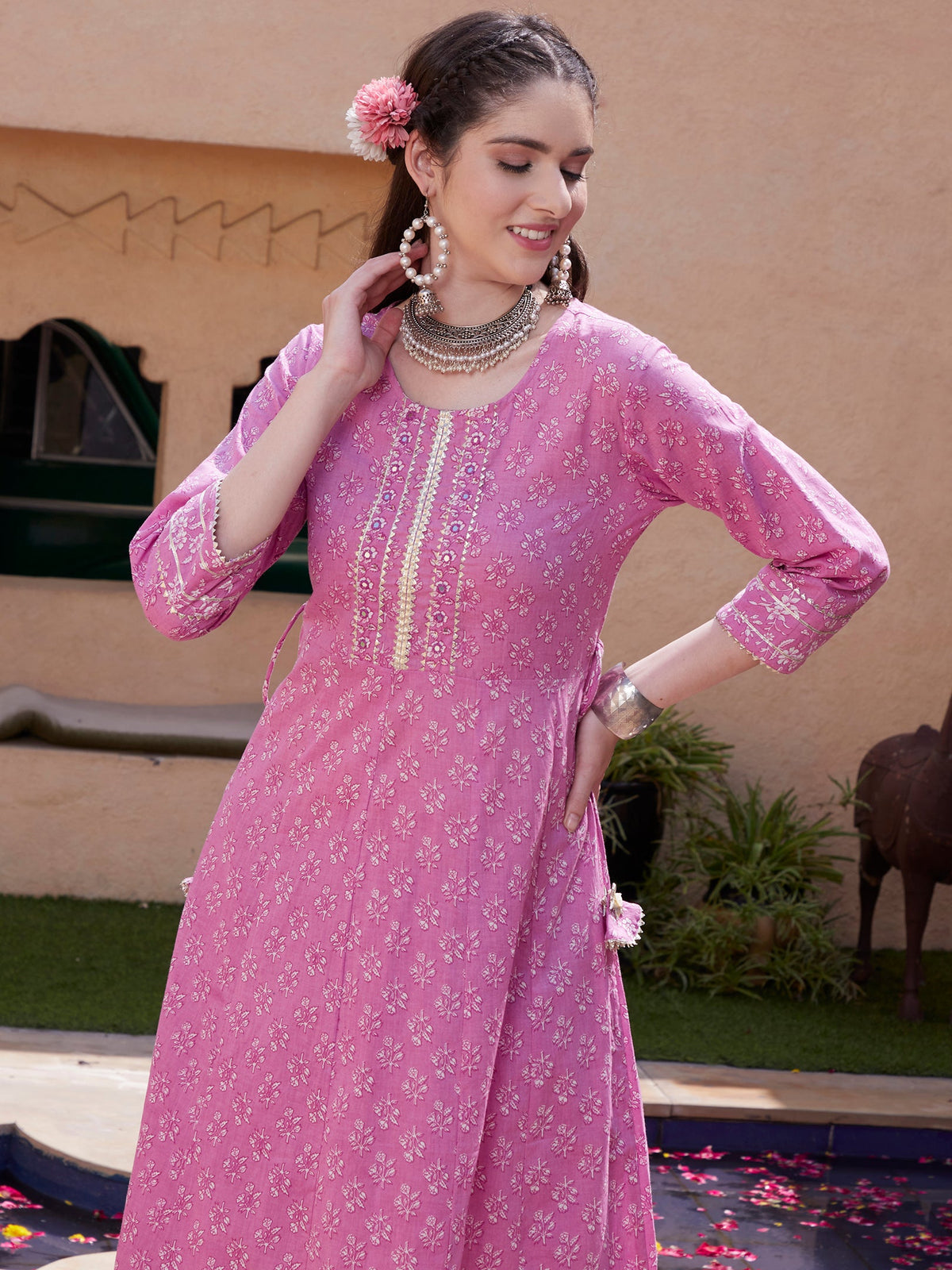 Purple Cotton Printed Anarkali Kurta Pant with Dupatta Set Ethnic Wear for Women