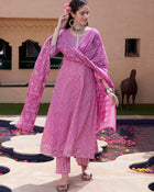 Purple Cotton Printed Anarkali Kurta Pant with Dupatta Set Ethnic Wear for Women