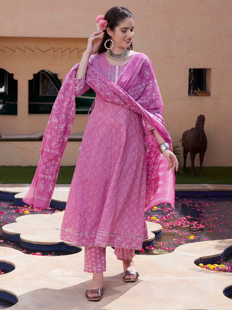 Purple Cotton Printed Anarkali Kurta Pant with Dupatta Set Ethnic Wear for Women