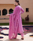 Purple Cotton Printed Anarkali Kurta Pant with Dupatta Set Ethnic Wear for Women