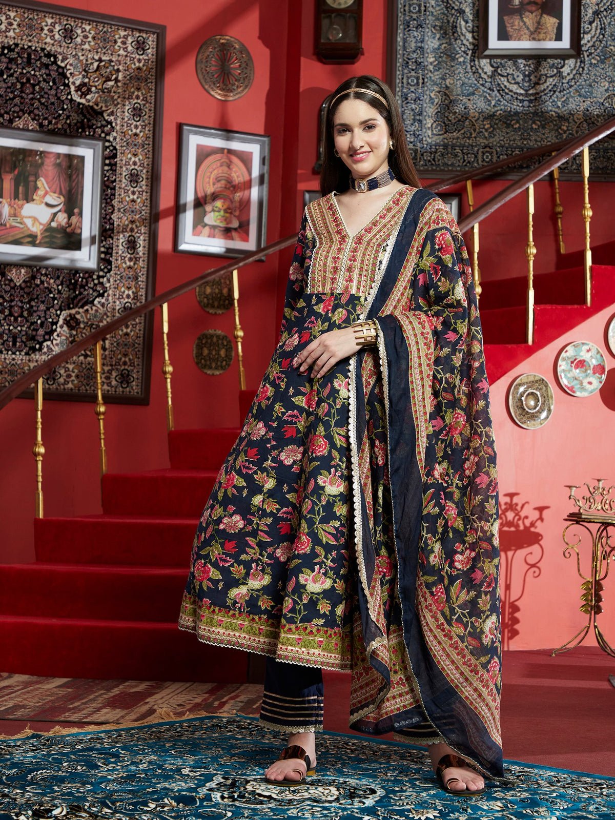 Midnight Grace  Navy Blue Anarkali Kurta Pant with Dupatta Set  Ethnic Wear for Women