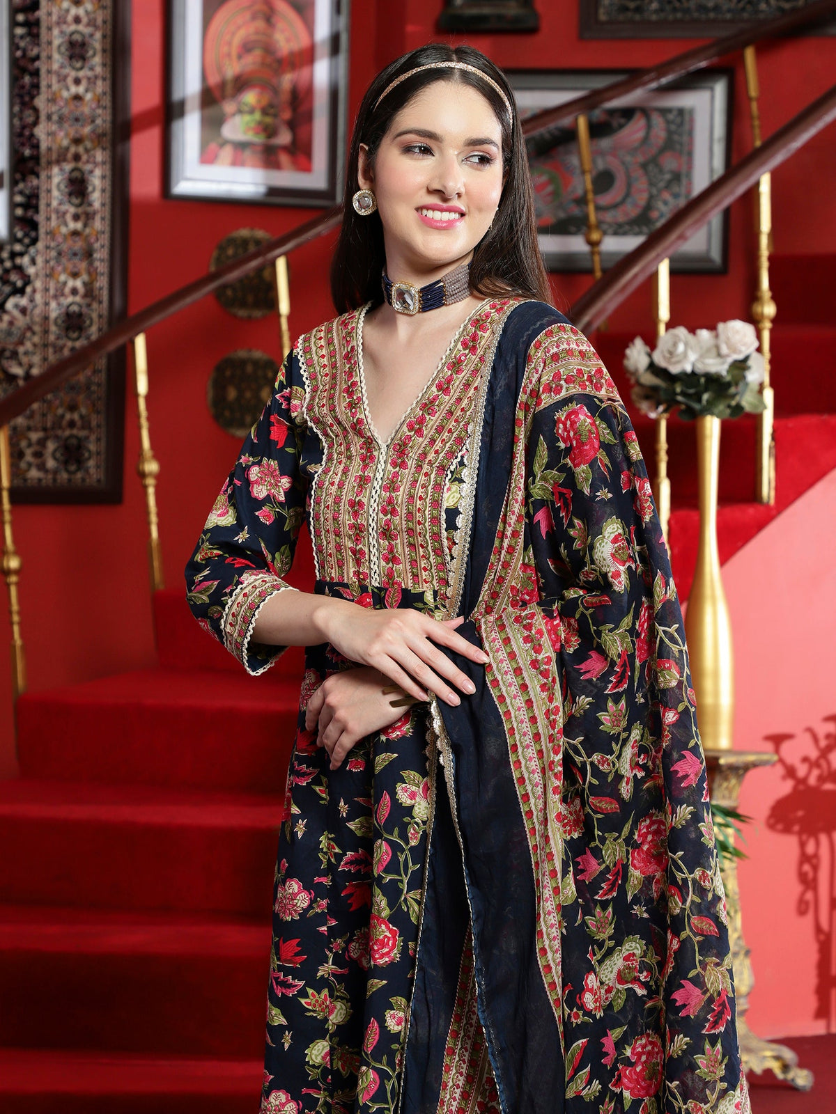 Midnight Grace  Navy Blue Anarkali Kurta Pant with Dupatta Set  Ethnic Wear for Women