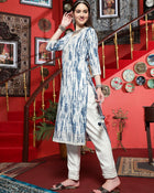 Serene Bloom White & Blue Cotton Printed Kurta Pant with Dupatta Set Ethnic Wear for Women