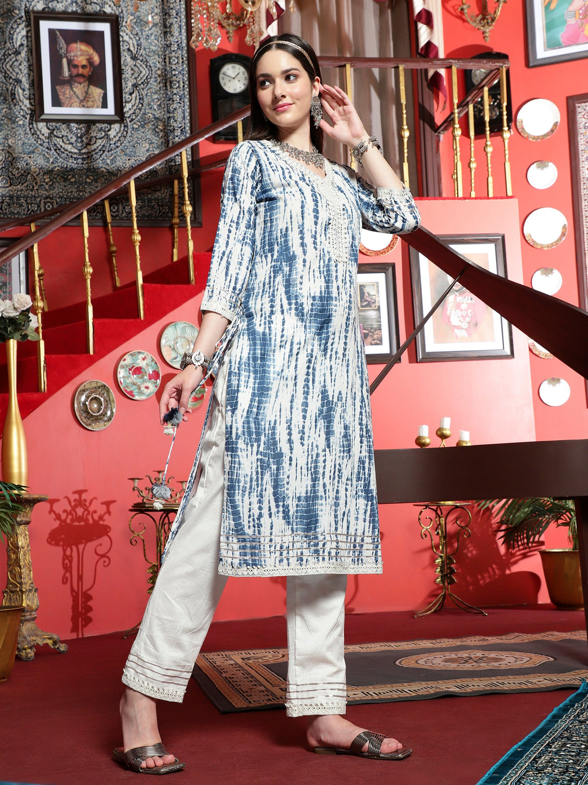 Serene Bloom White & Blue Cotton Printed Kurta Pant with Dupatta Set Ethnic Wear for Women