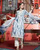 Serene Bloom White & Blue Cotton Printed Kurta Pant with Dupatta Set Ethnic Wear for Women
