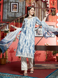 Serene Bloom White & Blue Cotton Printed Kurta Pant with Dupatta Set Ethnic Wear for Women