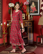 Maroon Cotton Printed Anarkali Kurta Pant with Dupatta Set Ethnic Wear for Women