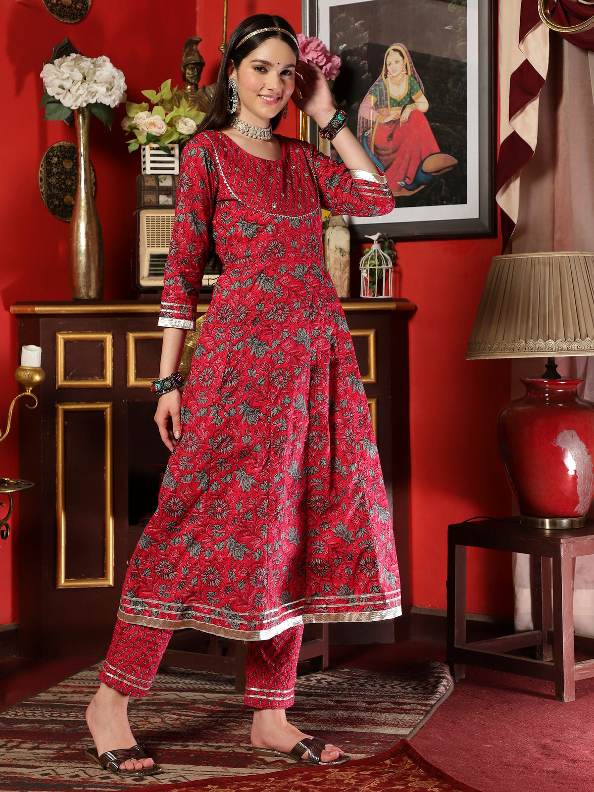 Maroon Cotton Printed Anarkali Kurta Pant with Dupatta Set Ethnic Wear for Women