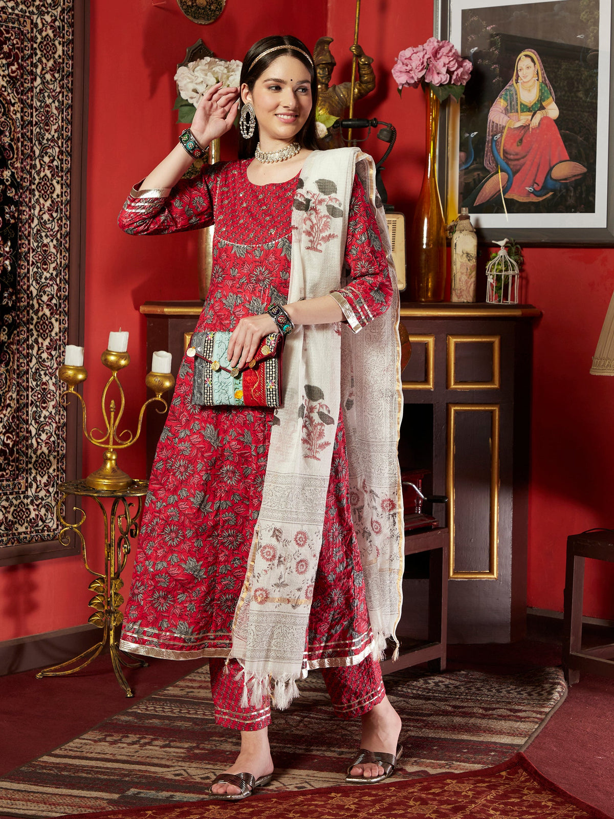 Maroon Cotton Printed Anarkali Kurta Pant with Dupatta Set Ethnic Wear for Women