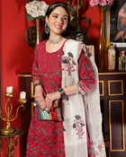 Maroon Cotton Printed Anarkali Kurta Pant with Dupatta Set Ethnic Wear for Women