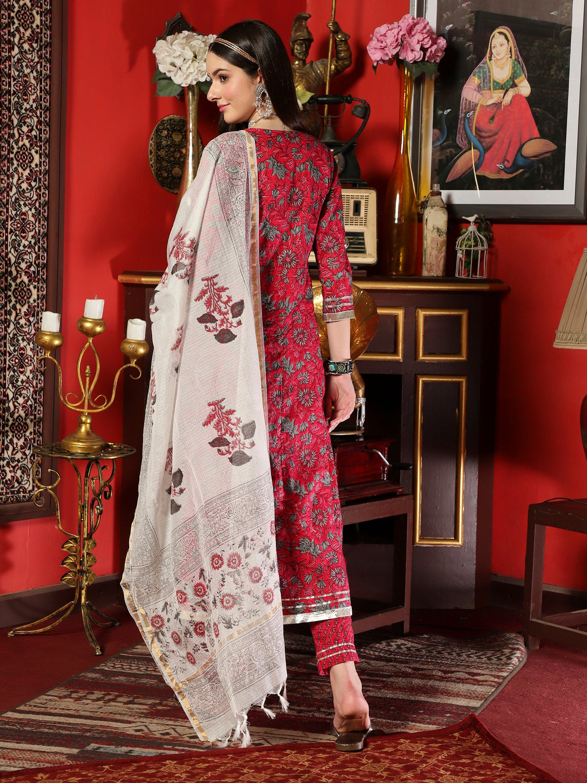 Maroon Cotton Printed Anarkali Kurta Pant with Dupatta Set Ethnic Wear for Women