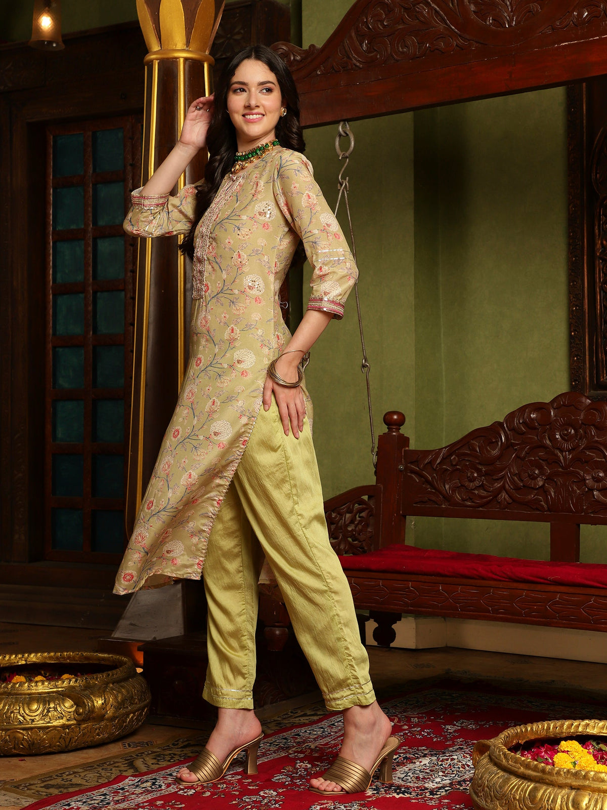 Mystic Yellow Floral Printed Kurta Pant with Dupatta Set Ethnic Wear for Women