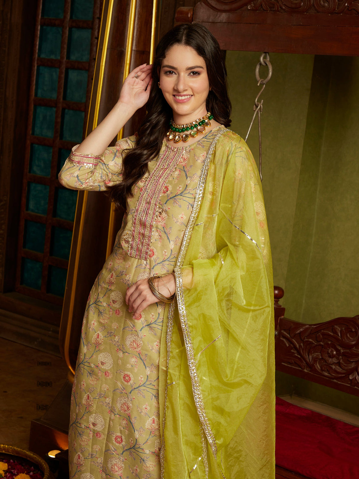 Mystic Yellow Floral Printed Kurta Pant with Dupatta Set Ethnic Wear for Women