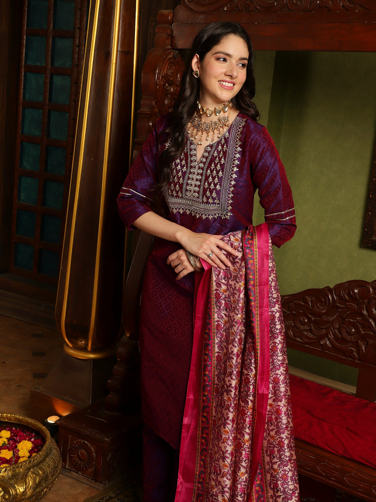Majestic Mauve Silk Blend Kurta Pant With Dupatta Set