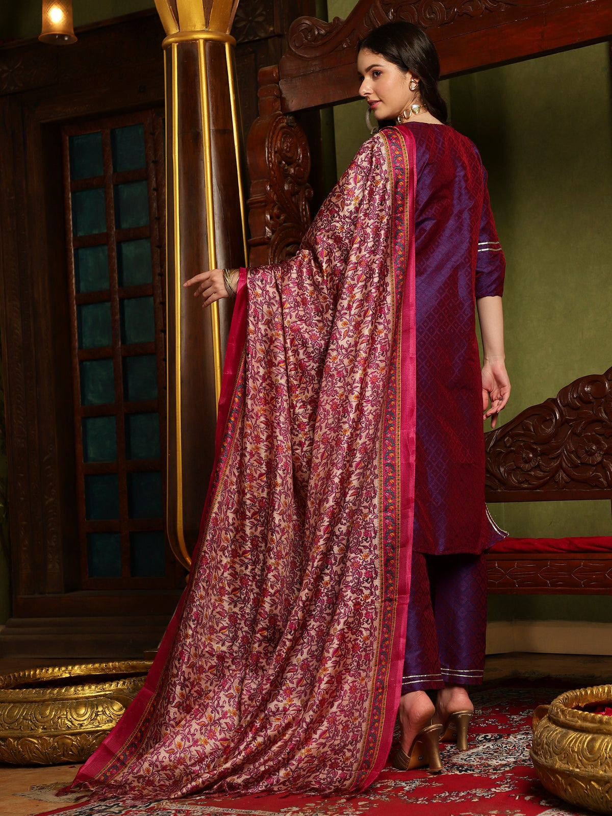 Majestic Mauve Silk Blend Kurta Pant With Dupatta Set