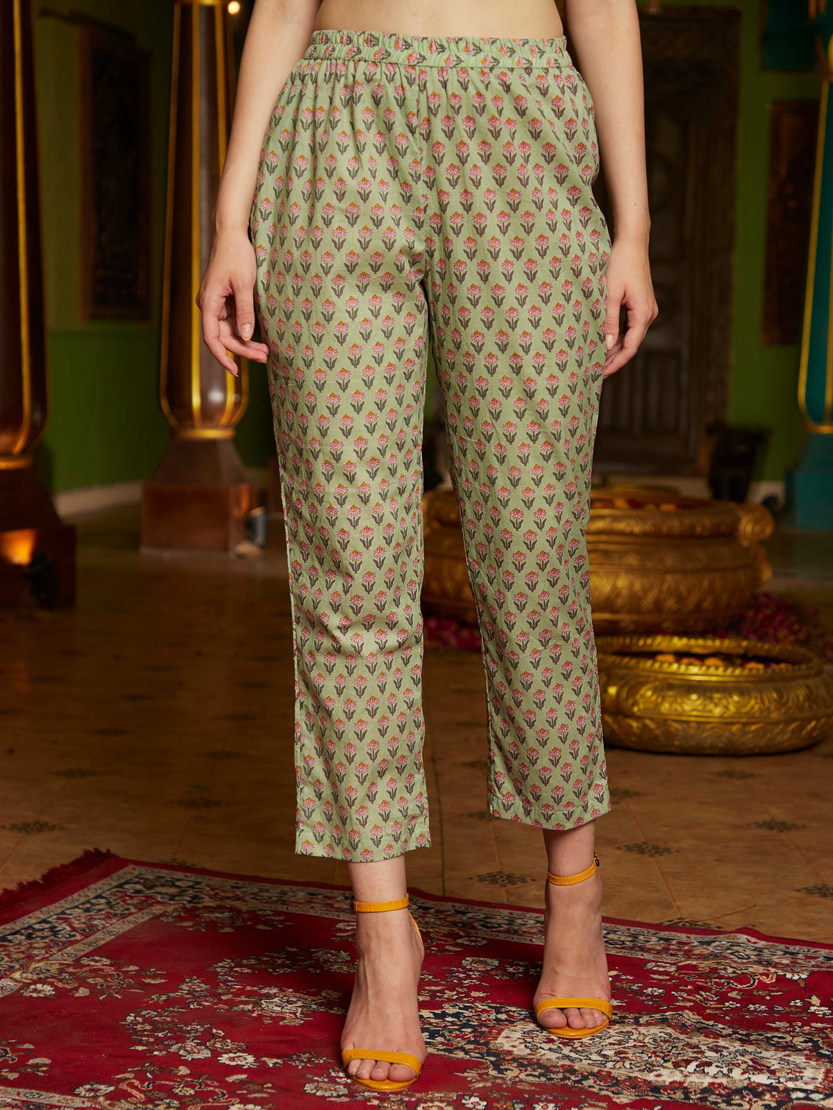 Sage Symphony  Green Cotton Printed Kurta Pant Dupatta Set