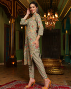 Sage Symphony  Green Cotton Printed Kurta Pant Dupatta Set