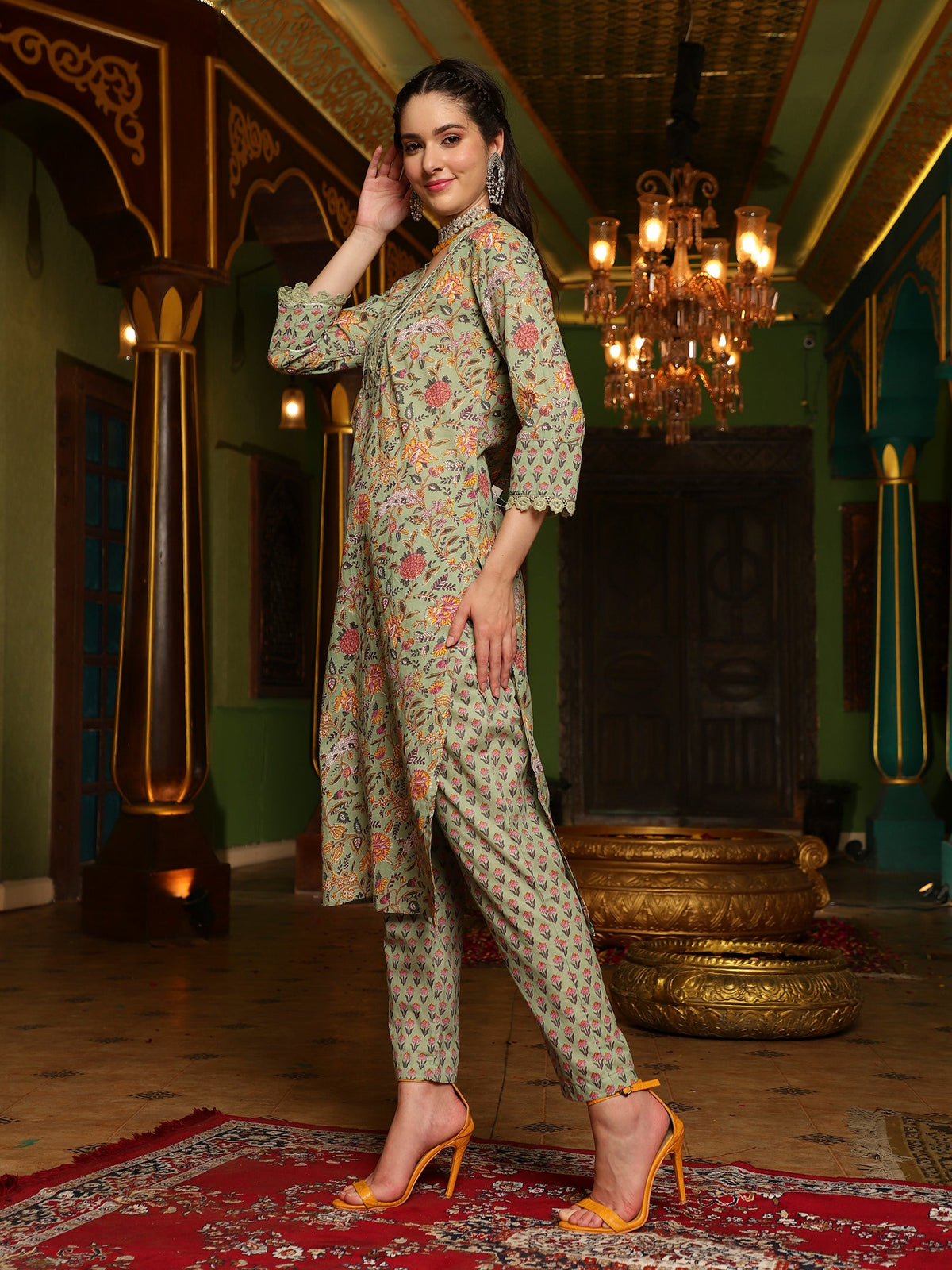 Sage Symphony  Green Cotton Printed Kurta Pant Dupatta Set
