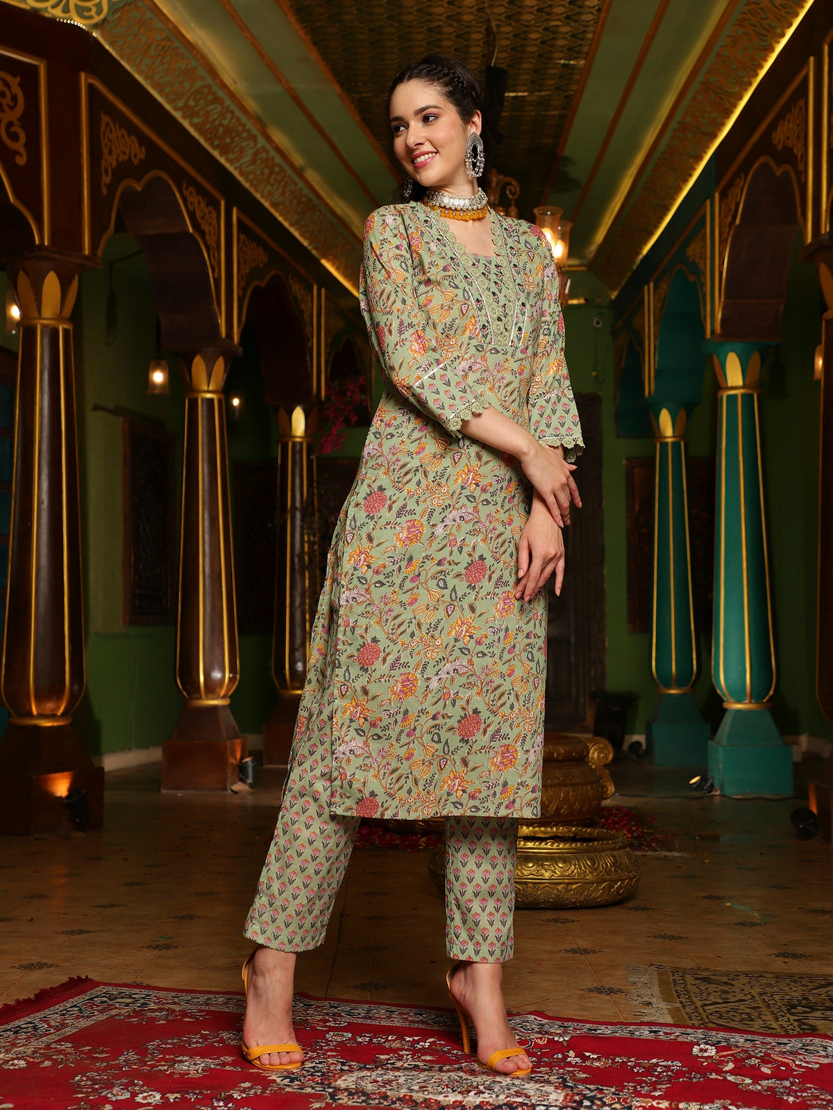 Sage Symphony  Green Cotton Printed Kurta Pant Dupatta Set