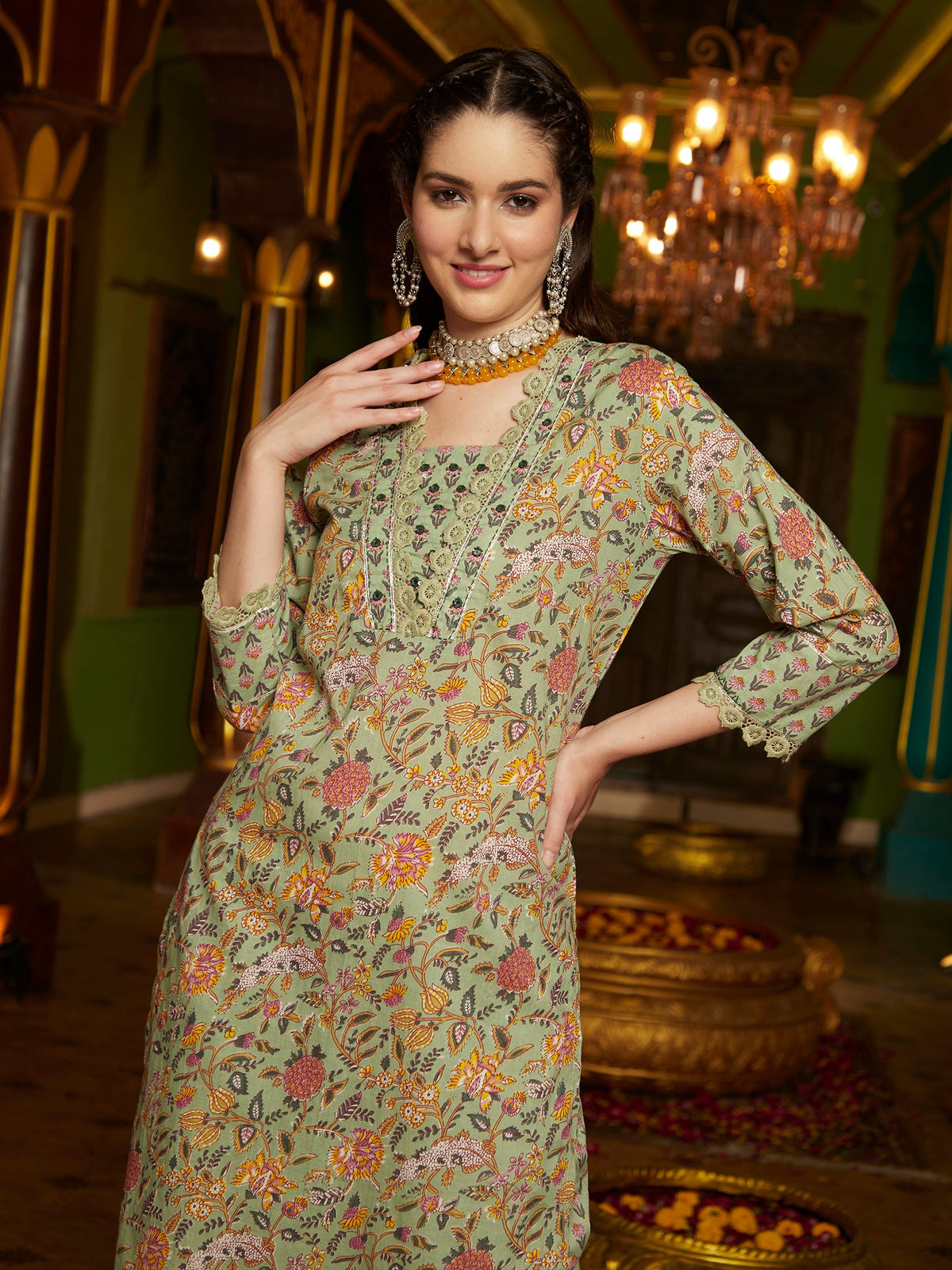 Sage Symphony  Green Cotton Printed Kurta Pant Dupatta Set