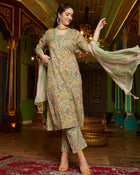 Sage Symphony  Green Cotton Printed Kurta Pant Dupatta Set