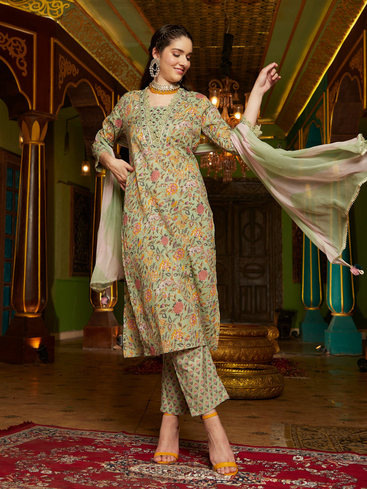 Sage Symphony  Green Cotton Printed Kurta Pant Dupatta Set