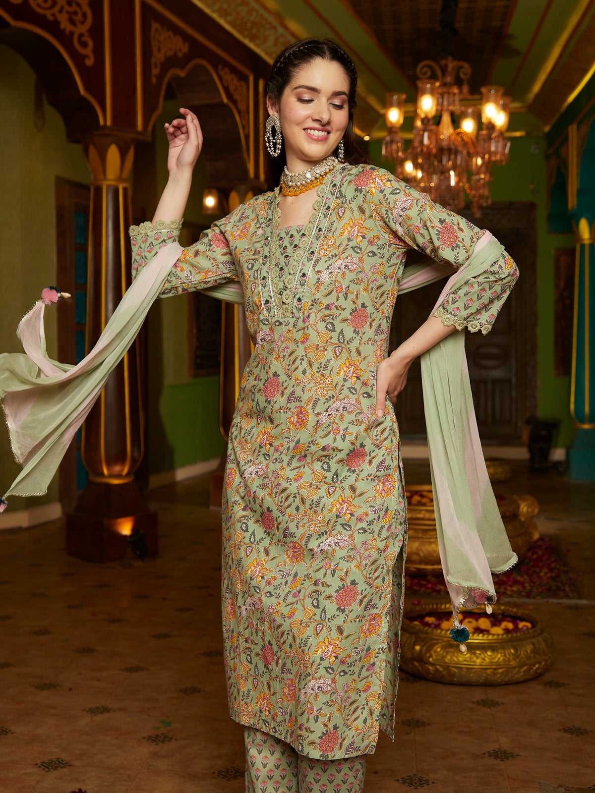 Sage Symphony  Green Cotton Printed Kurta Pant Dupatta Set