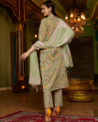 Sage Symphony  Green Cotton Printed Kurta Pant Dupatta Set