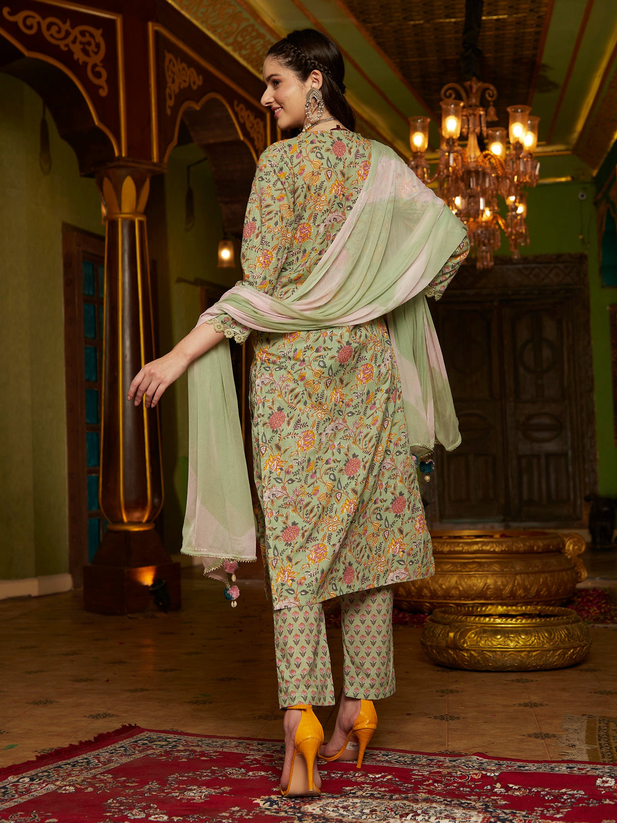 Sage Symphony  Green Cotton Printed Kurta Pant Dupatta Set