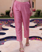 Pink Floral Embroidered Round Neck Mirror Work Kurta With Trouser & Dupatta