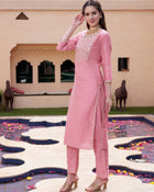 Pink Floral Embroidered Round Neck Mirror Work Kurta With Trouser & Dupatta