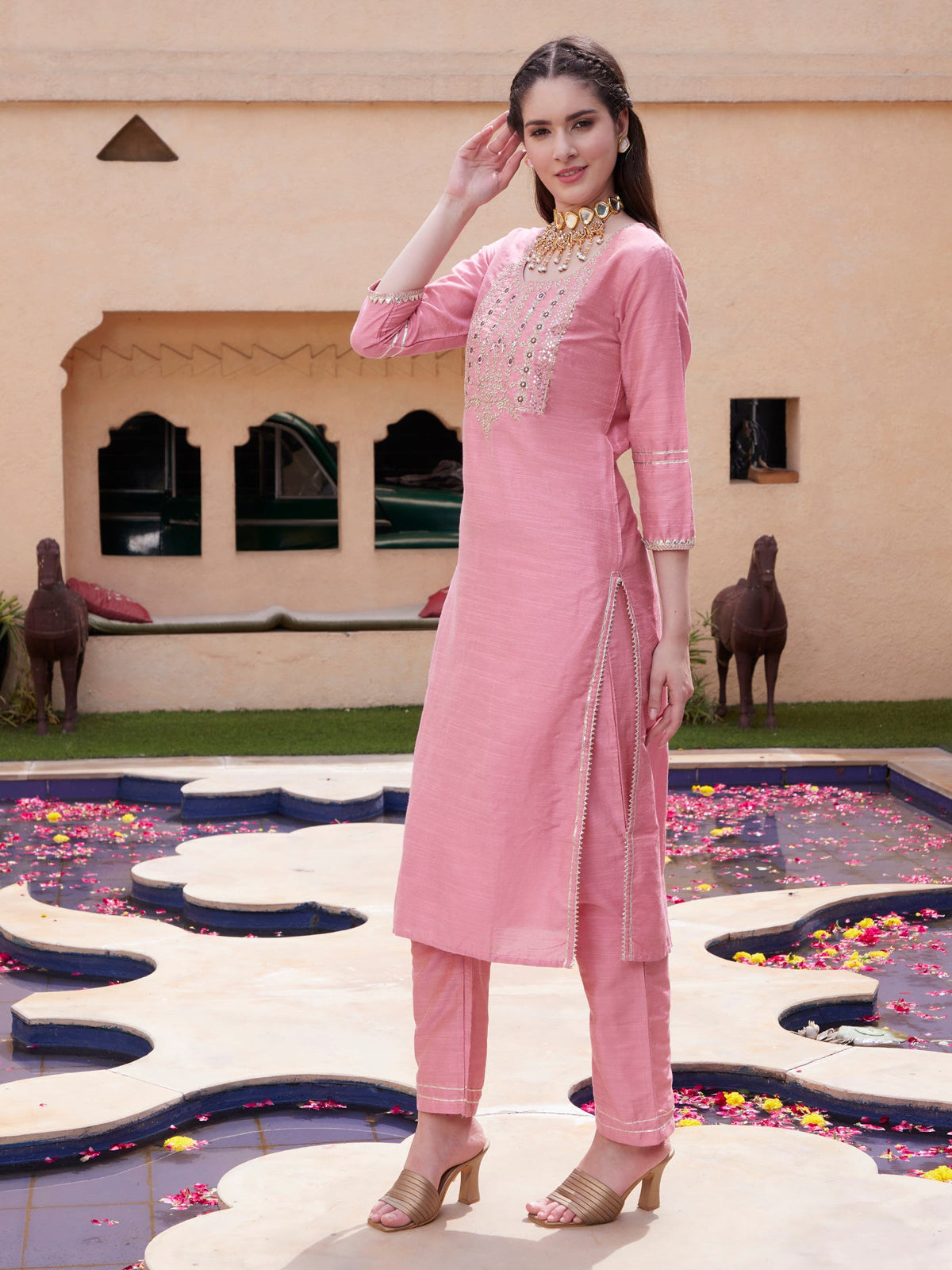 Pink Floral Embroidered Round Neck Mirror Work Kurta With Trouser & Dupatta