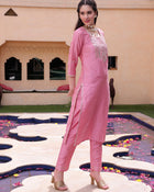 Pink Floral Embroidered Round Neck Mirror Work Kurta With Trouser & Dupatta
