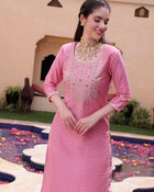 Pink Floral Embroidered Round Neck Mirror Work Kurta With Trouser & Dupatta
