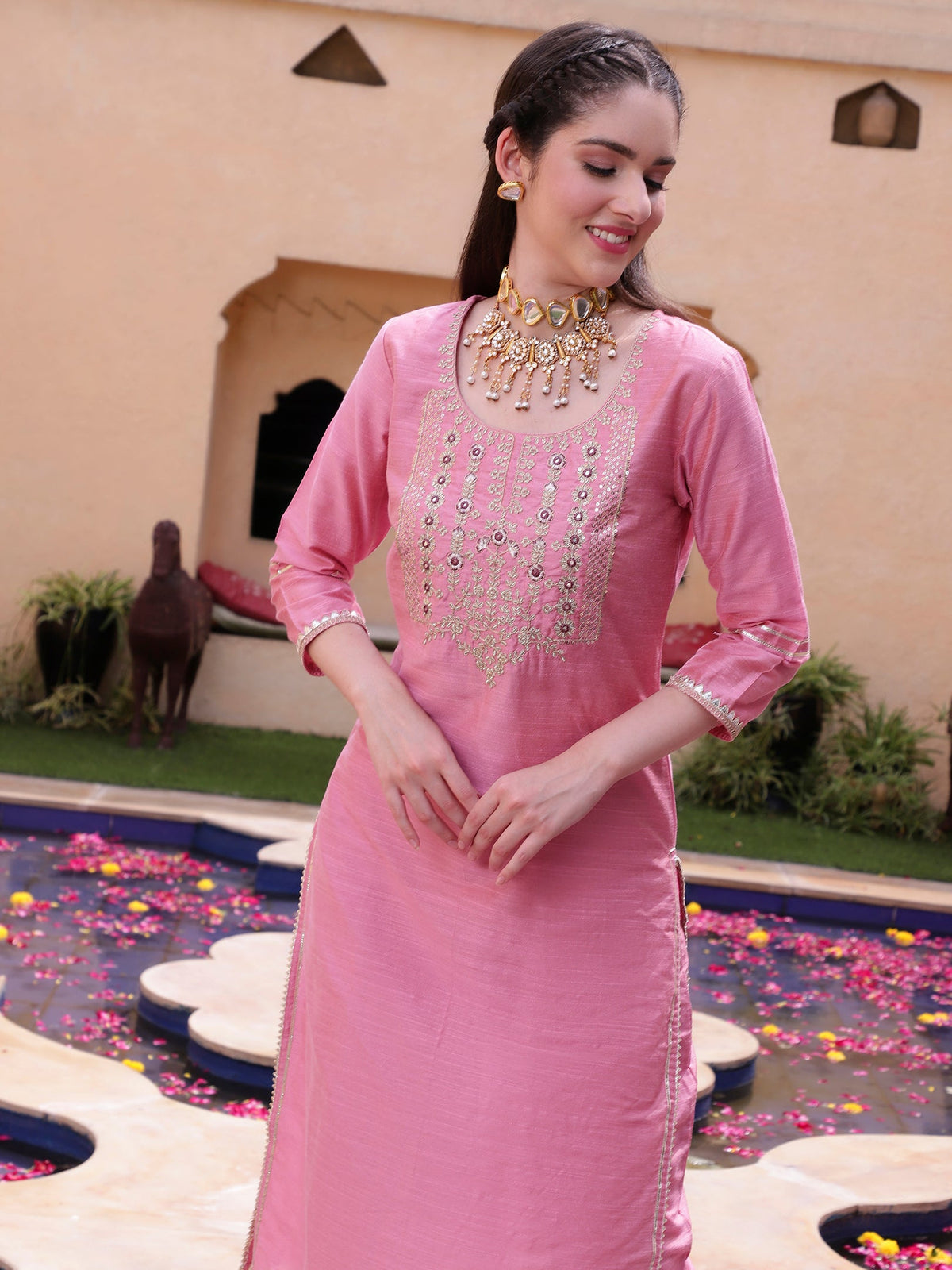 Pink Floral Embroidered Round Neck Mirror Work Kurta With Trouser & Dupatta