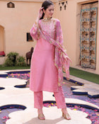 Pink Floral Embroidered Round Neck Mirror Work Kurta With Trouser & Dupatta