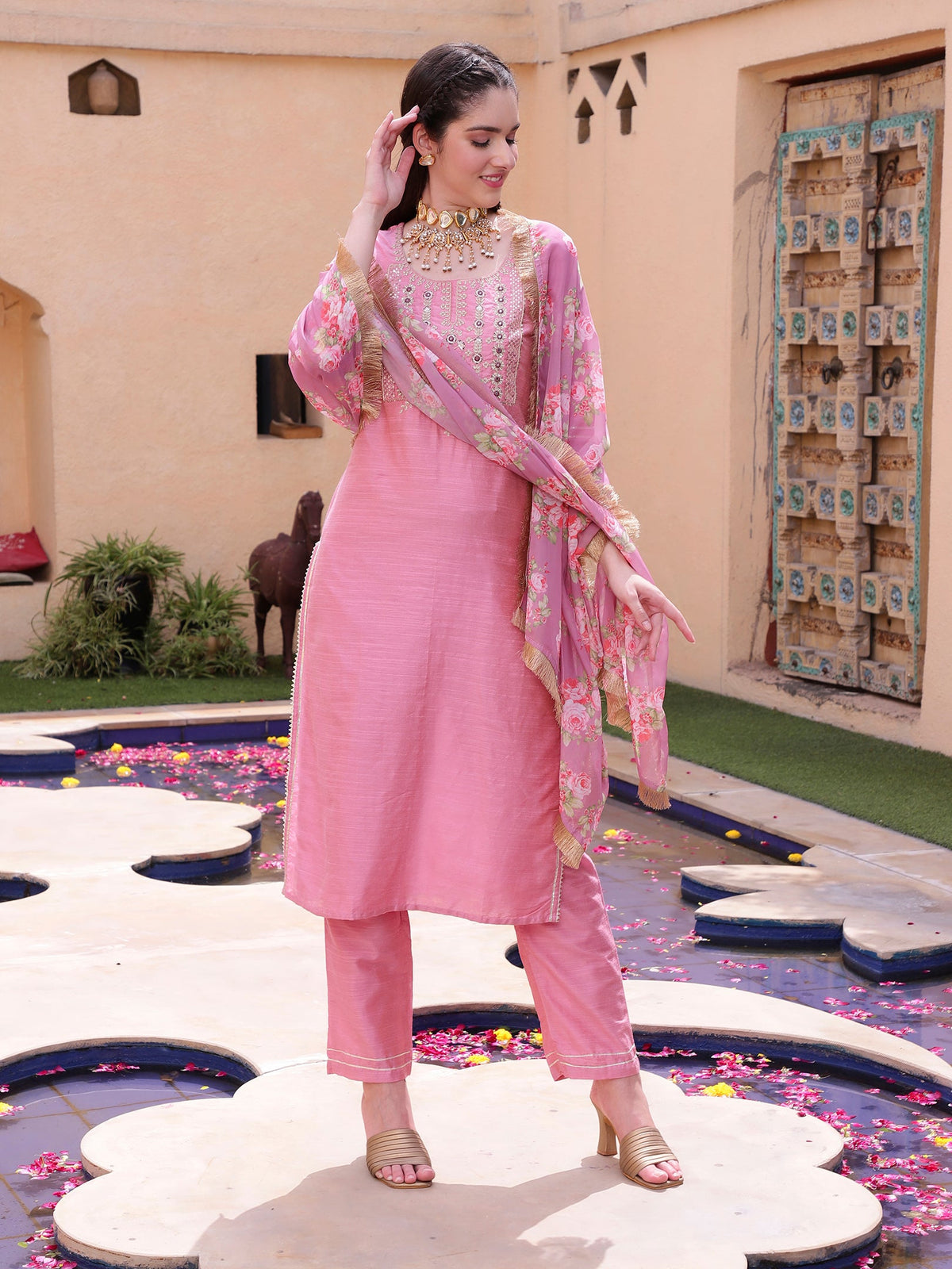 Pink Floral Embroidered Round Neck Mirror Work Kurta With Trouser & Dupatta